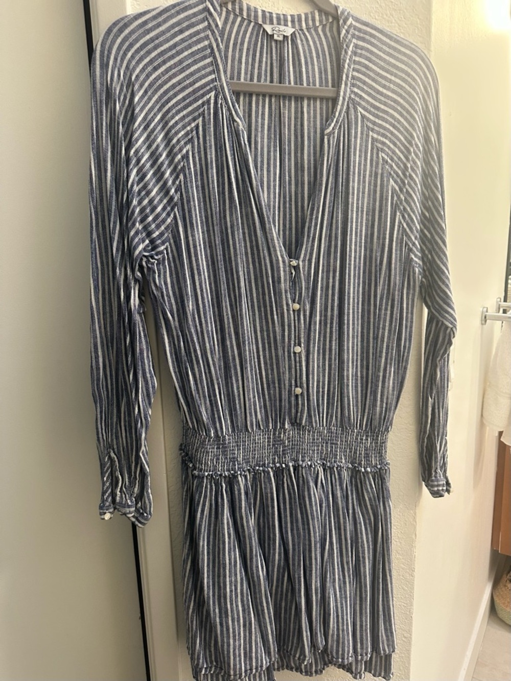 Rails Blue and White Striped Long-Sleeve Smocked-Waist Dress